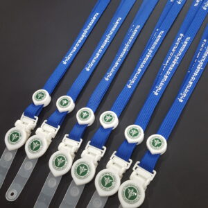 สายคล้องคอ สายคล้องบัตร สีน้ำเงิน สกรีนชื่อ ใส่โลโก้ ตรากระทรวงสาธารณสุข