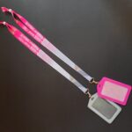 สายคล้องคอบัตรพนักงาน GSB สีมพู ลายกราฟฟิค ไล่สี เทา ชมพู โรงงาน สายคล้องบัตร สายห้อยป้าย สรีนชื่อ สอดสี พิมพ์ซับลิเมชั่น