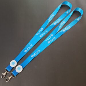 รับทำ สายคล้องบัตรสกรีนชื่อ สายห้อยคอ สอดสี พิมพ์ซับลิเมชั่น สีฟ้า