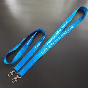 รับออกแบบ ผลิต สายคล้องบัตร สายห้อยป้าย สรีนชื่อ สอดสี พิมพ์ซับลิเมชั่น สีฟ้า