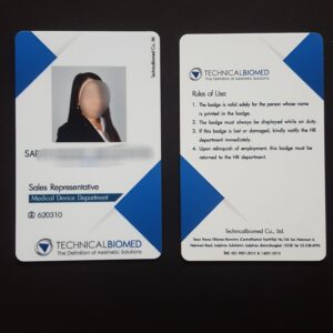 บัตรประจำตัวพนักงาน บัตรผ่านประตูเข้าออกอาคารสำนักงาน สีน้ำเงิน ออกแบบบัตรพนักงาน พร้อมเงื่อนไขการใช้งานหลังบัตร
